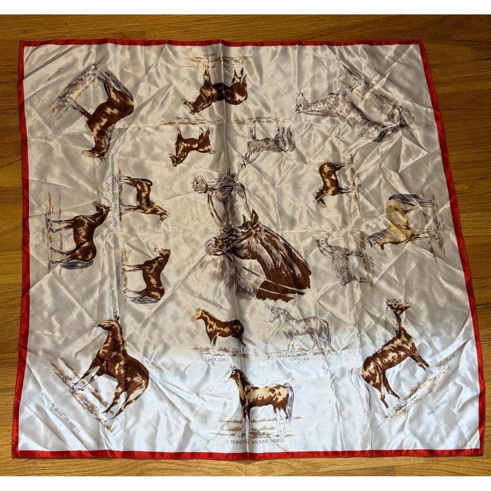 Vintage Horse Breeds Square Scarf Red White Equestrian Made in Japan 29x29